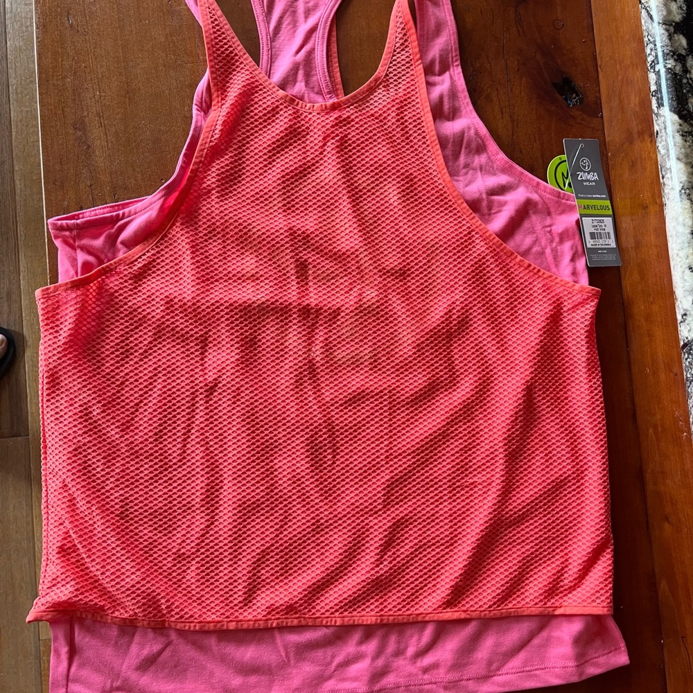 Zumba Fitness Women's Pink Layered Tank Top - Coral Mesh Overlay